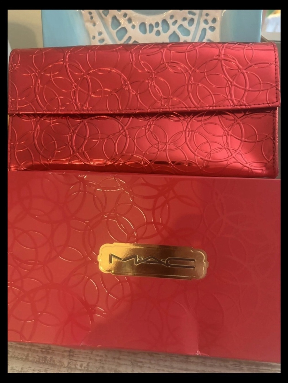 MAC Cosmetics Red Embossed Clutch with Gold Logo Accent